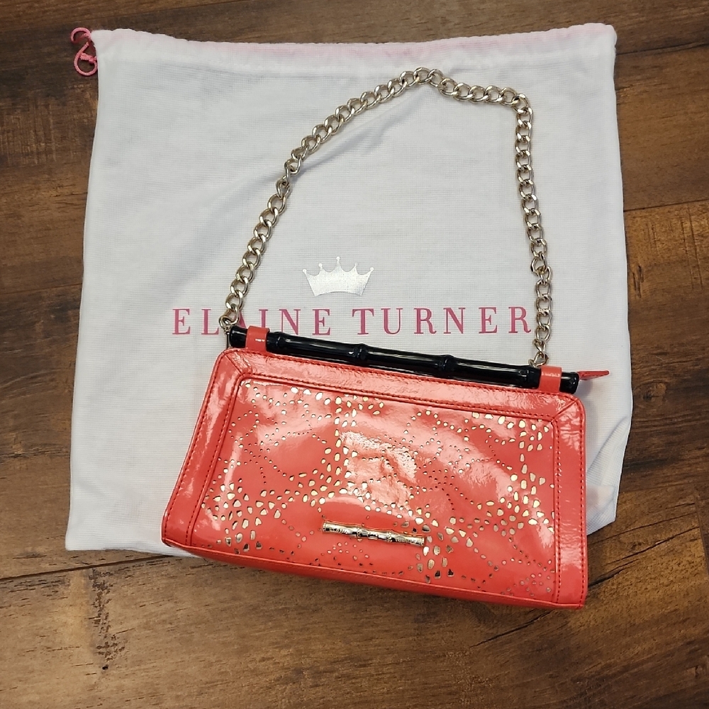 Elaine Turner Coral Clutch with Gold Chain